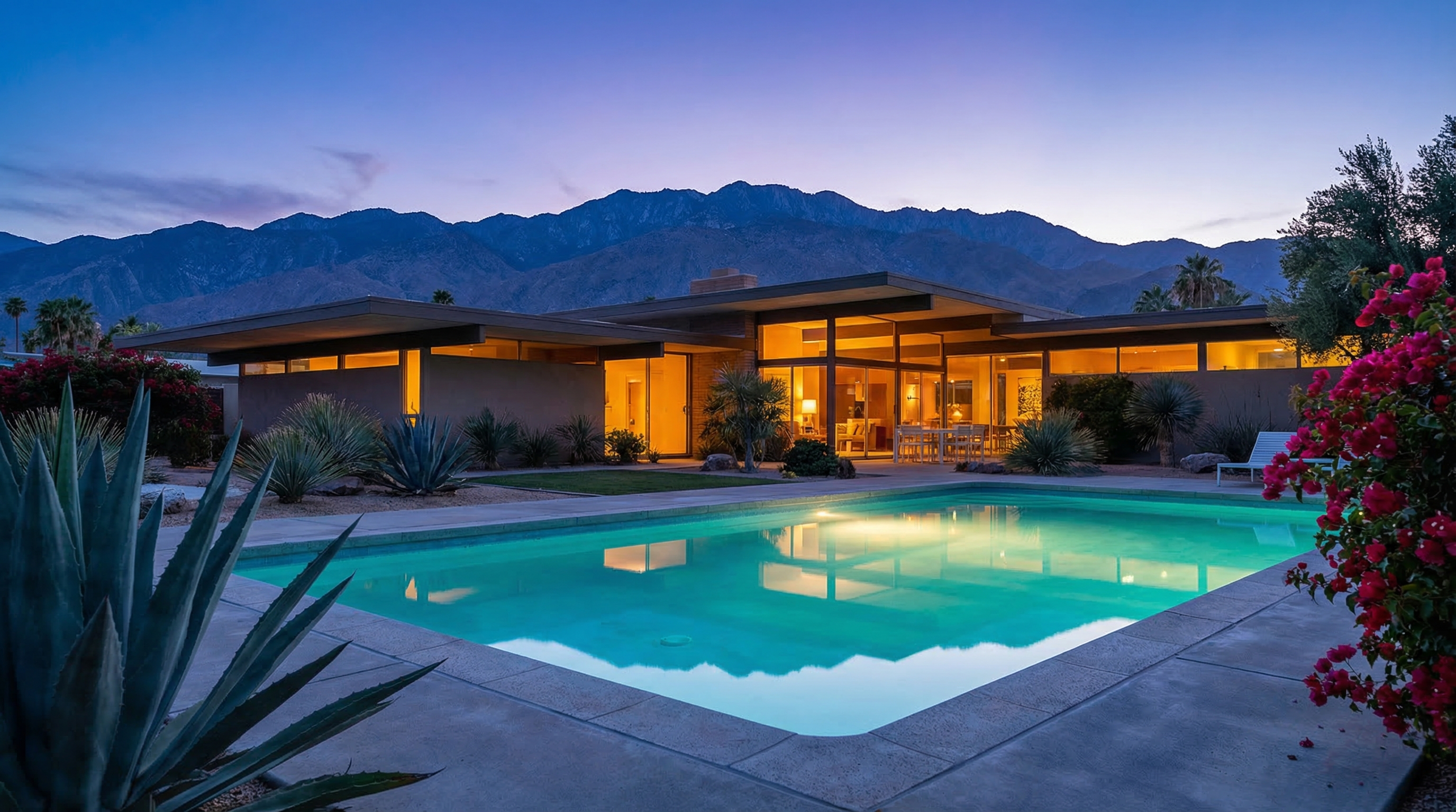 Palm Springs mid-century modern home at twilight — flat roof, glass walls, illuminated pool, mountain silhouette
