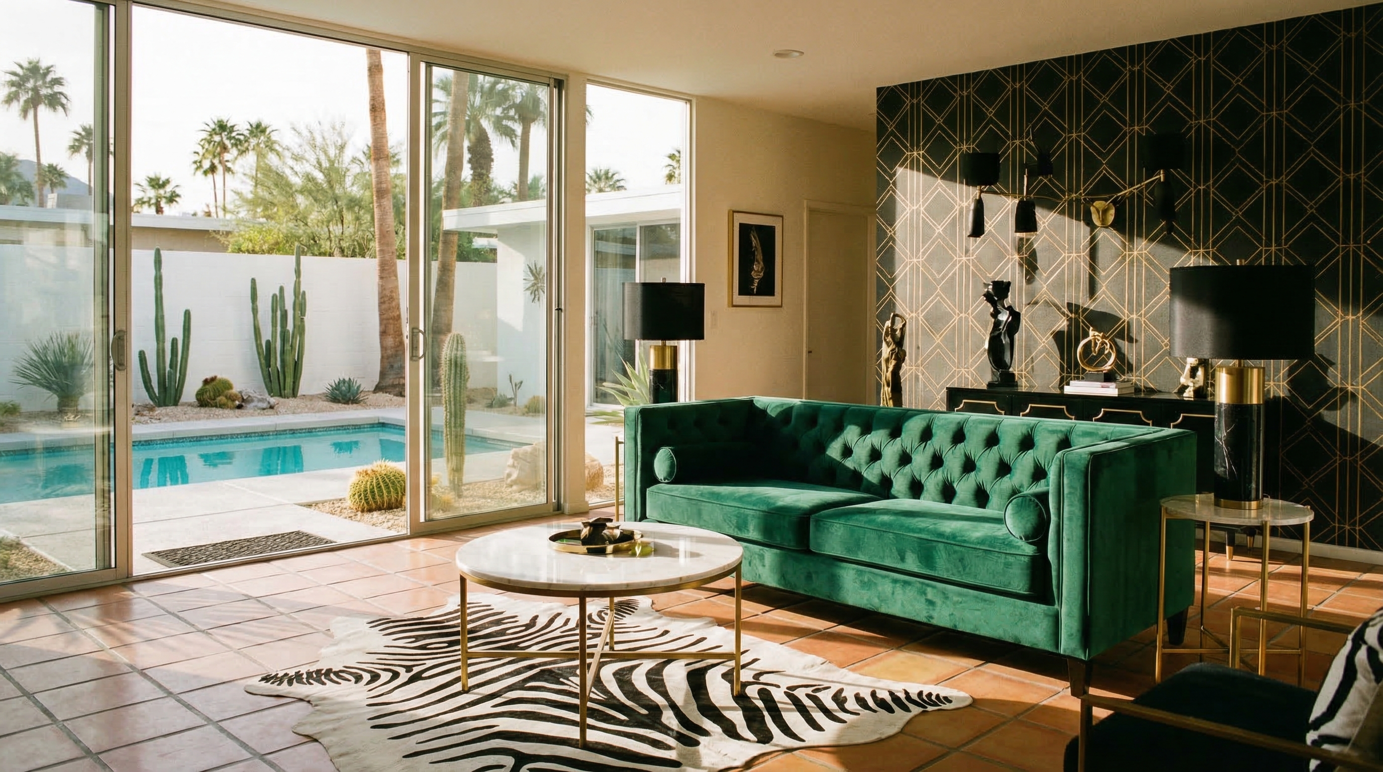 Luxurious Palm Springs living room designed by David Rios — emerald velvet, marble, brass, and desert light