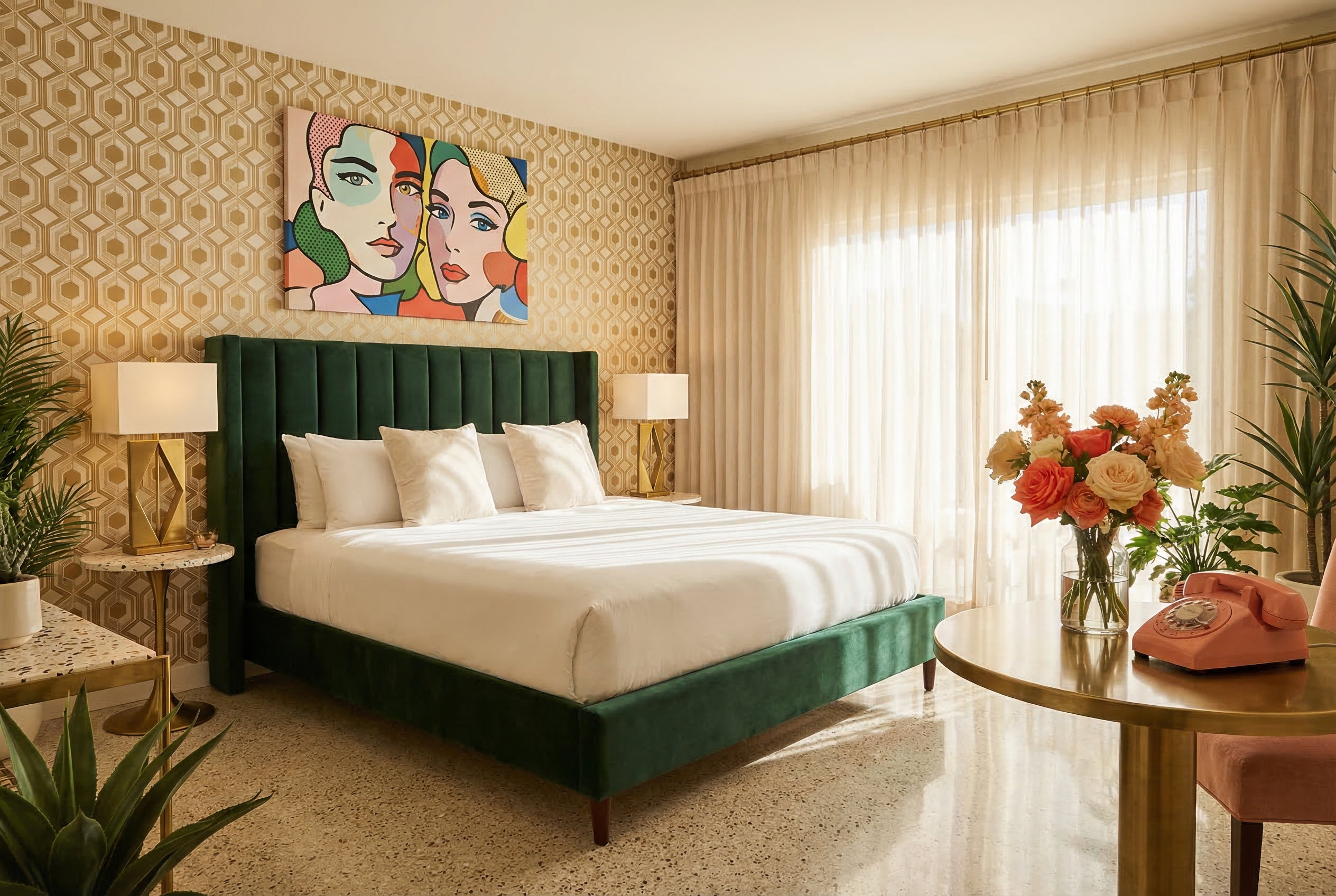 Boutique hotel room with forest green velvet headboard and vintage Hollywood Regency touches