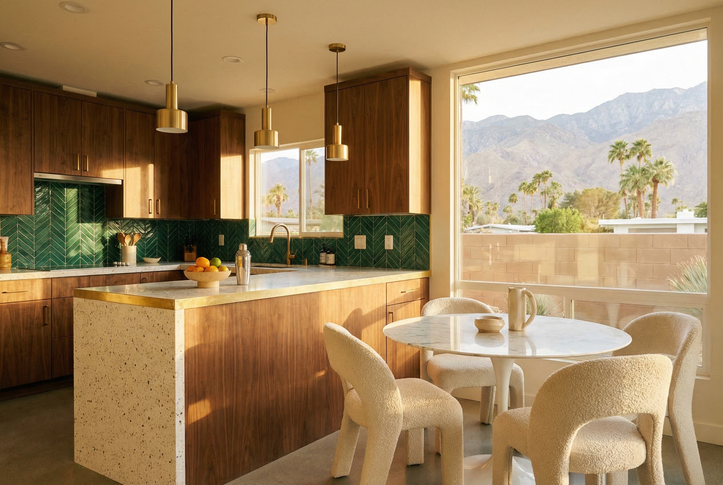 Mid-century modern kitchen with emerald tile and walnut cabinets