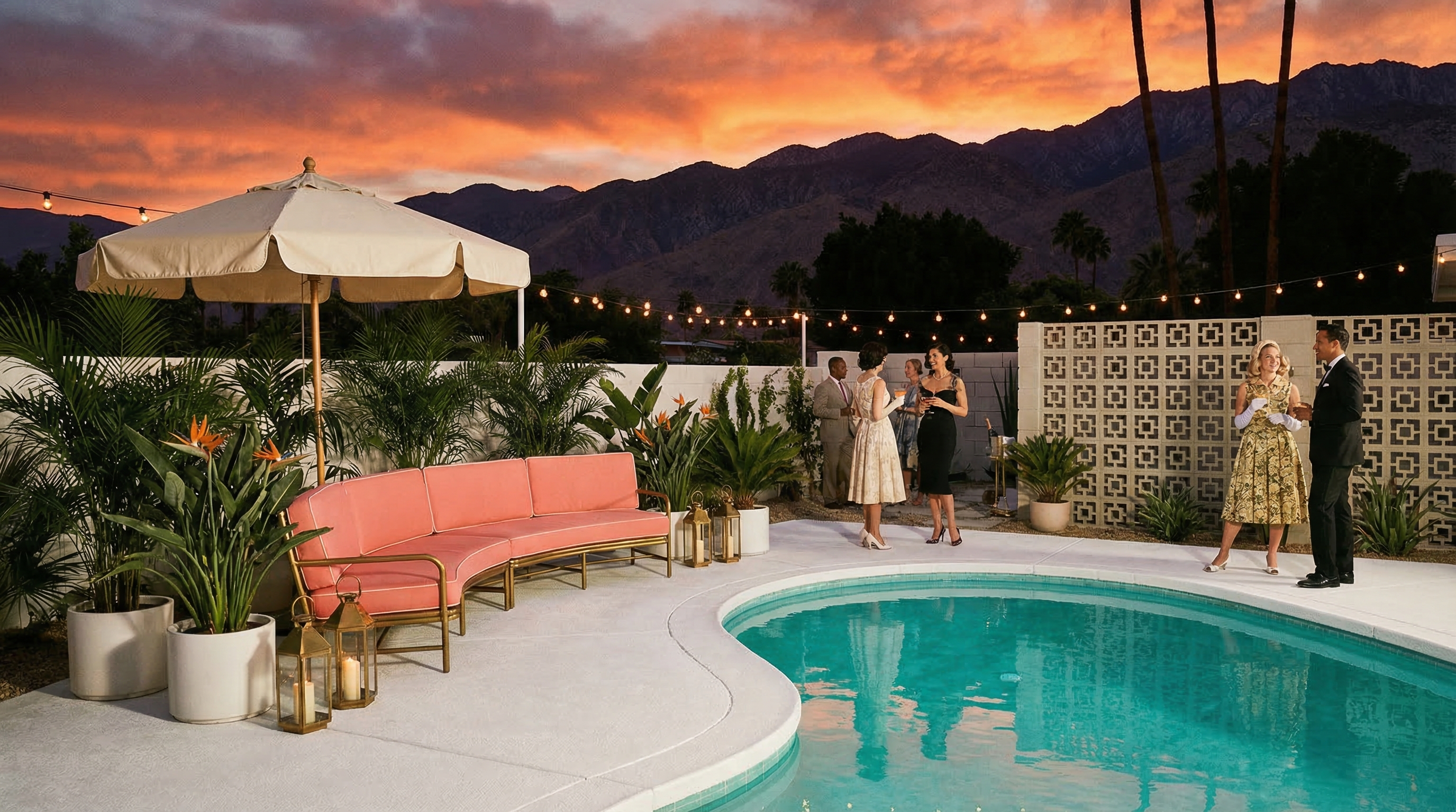 Glamorous Palm Springs poolside entertaining area at sunset with coral pink furniture and mountain backdrop